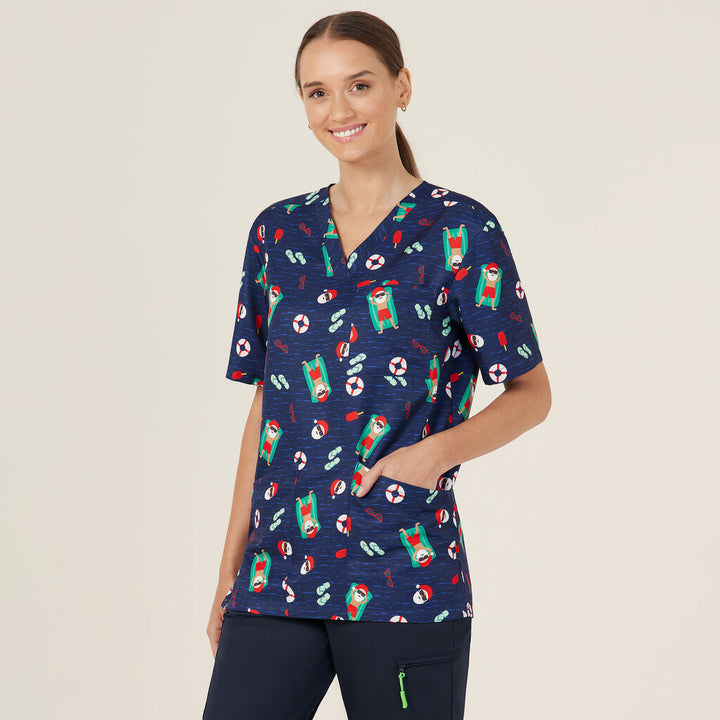 Festive Santa Pool Party Scrub Top - CATRGK