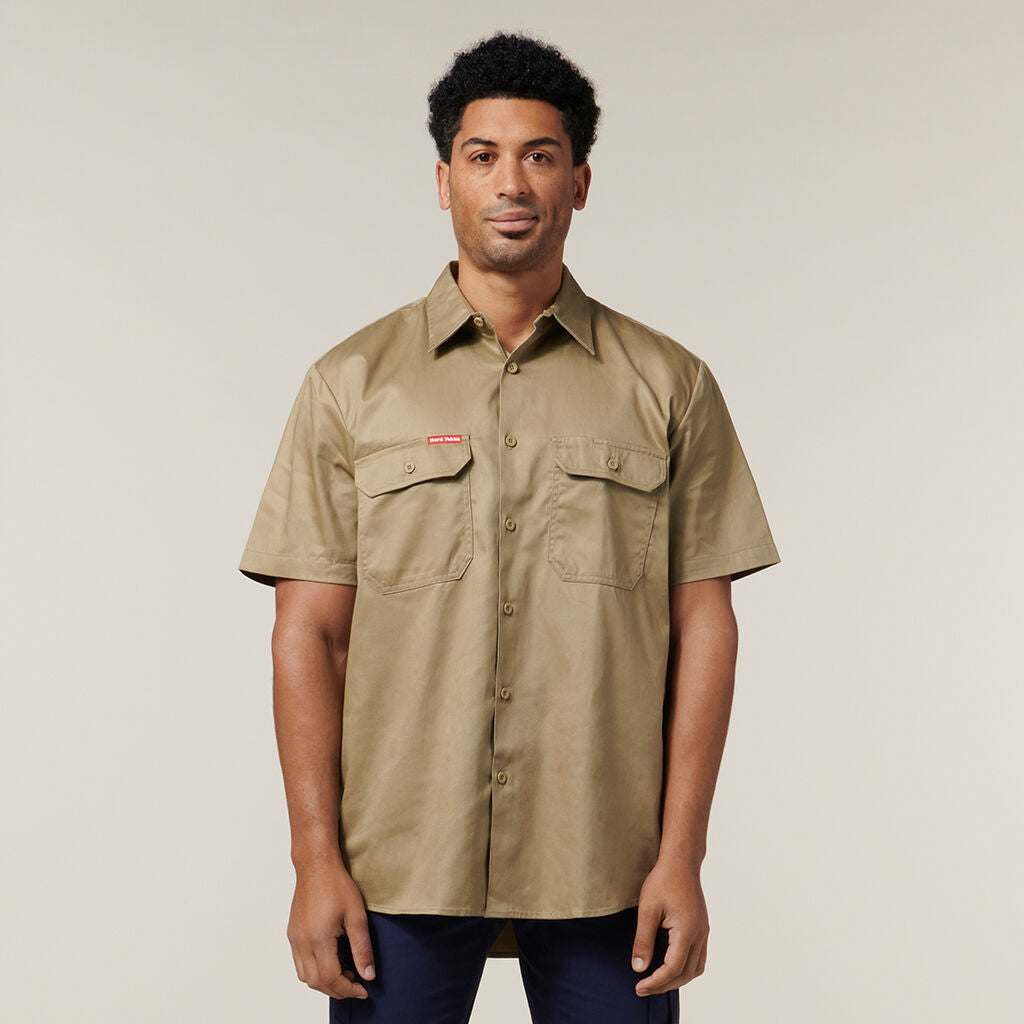 Short Sleeve Open Front Cotton Drill Work Shirt - Y07510