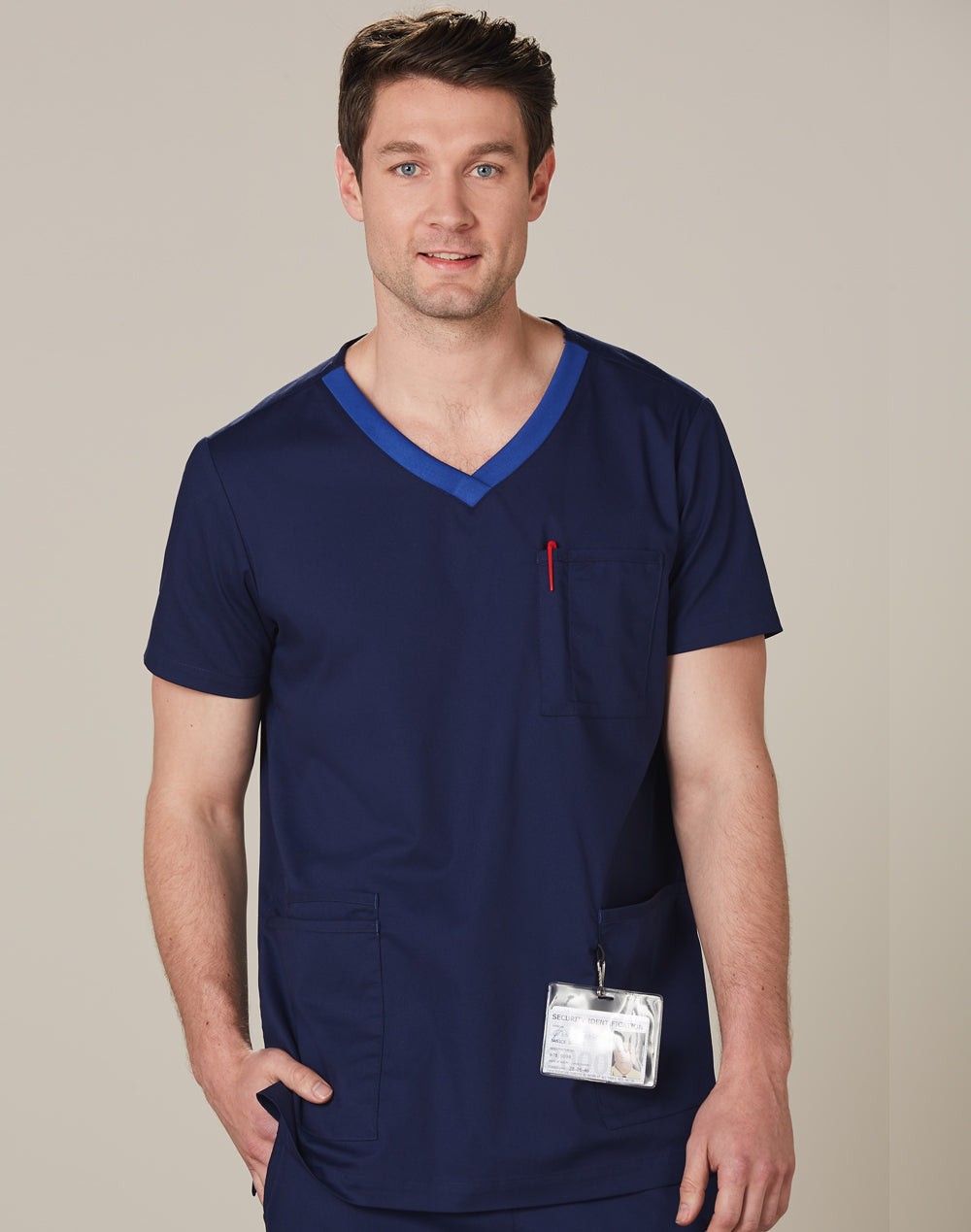 Mens V-Neck Contrast Trim Scrub Tops - M7650