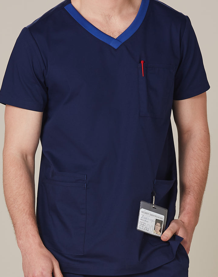 Mens V-Neck Contrast Trim Scrub Tops - M7650