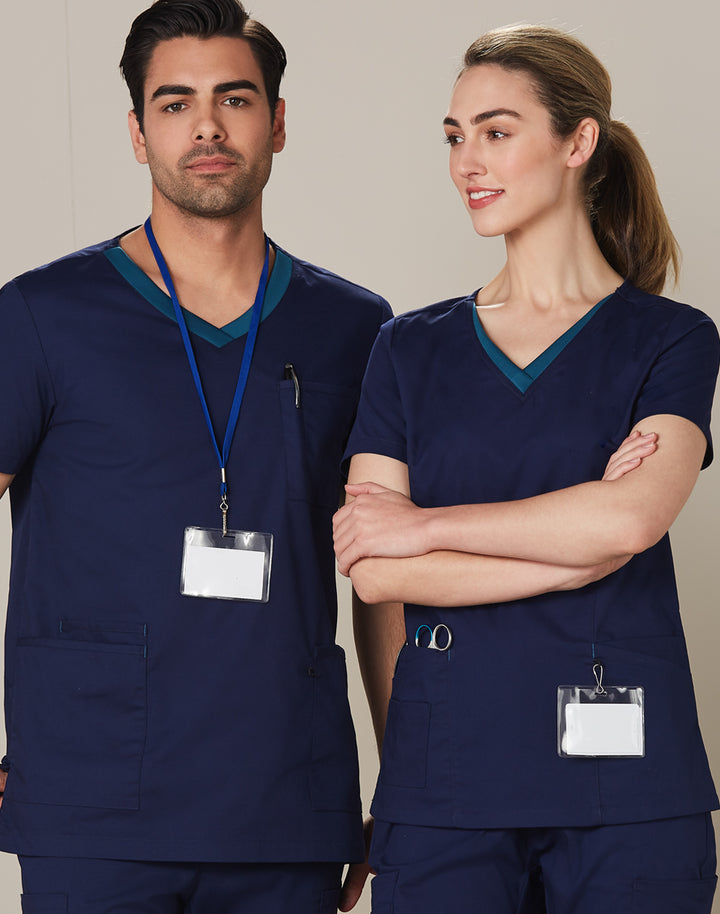 Mens V-Neck Contrast Trim Scrub Tops - M7650