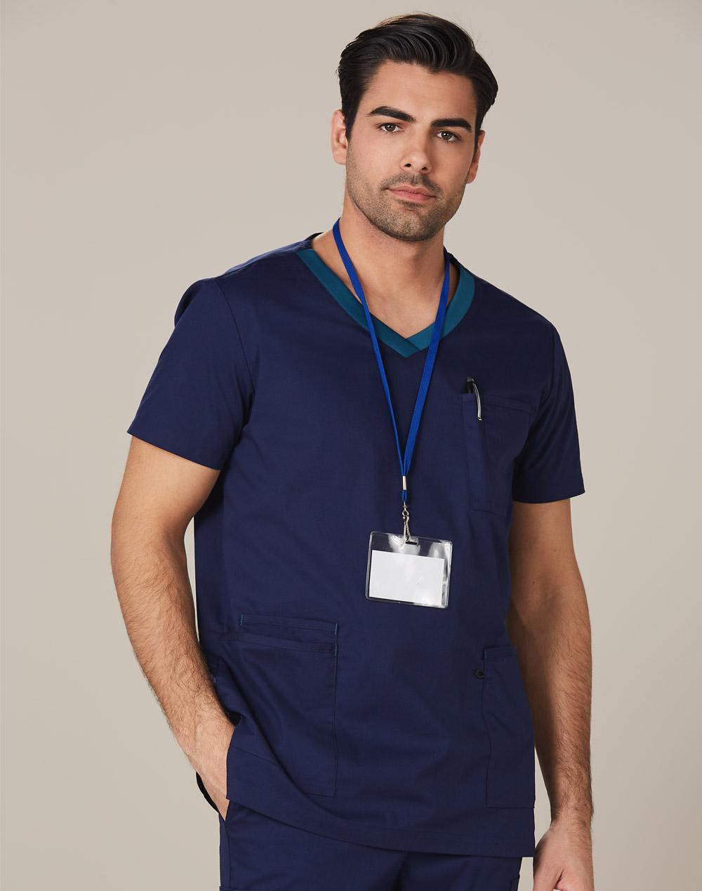 Mens V-Neck Contrast Trim Scrub Tops - M7650