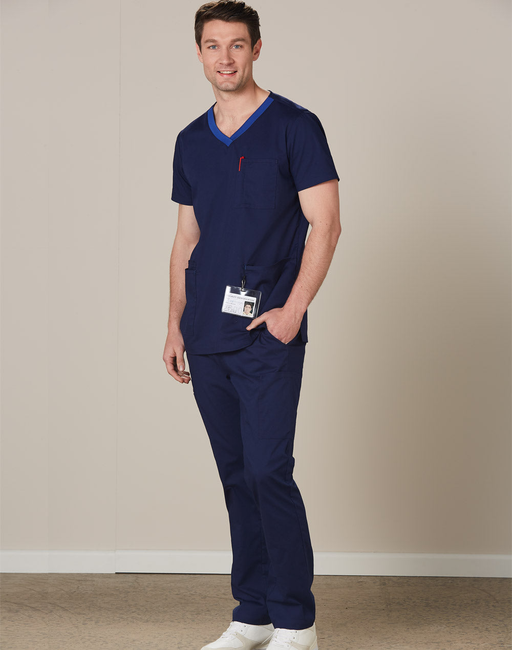 Mens V-Neck Contrast Trim Scrub Tops - M7650