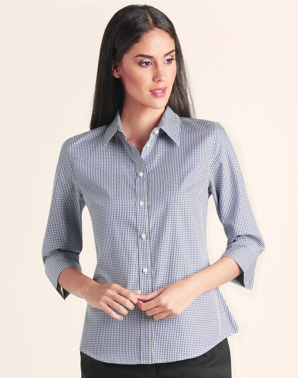 Ladies Two Tone Gingham 3/4 Sleeve Shirt - M8320Q