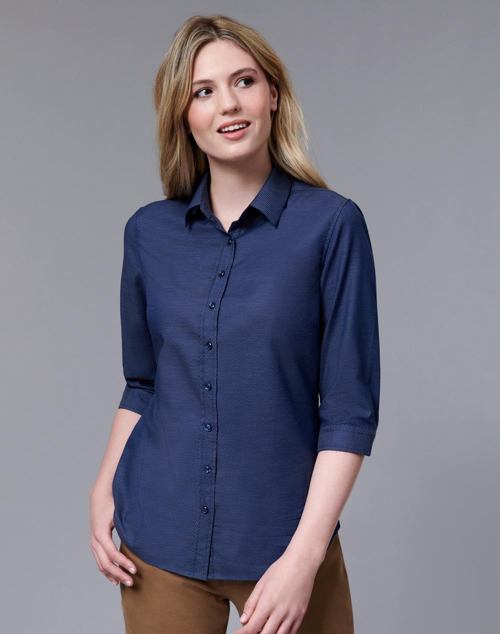 Ladies Dot Jacquard Stretch 3/4 Sleeve Ascot Shirt - M8400Q