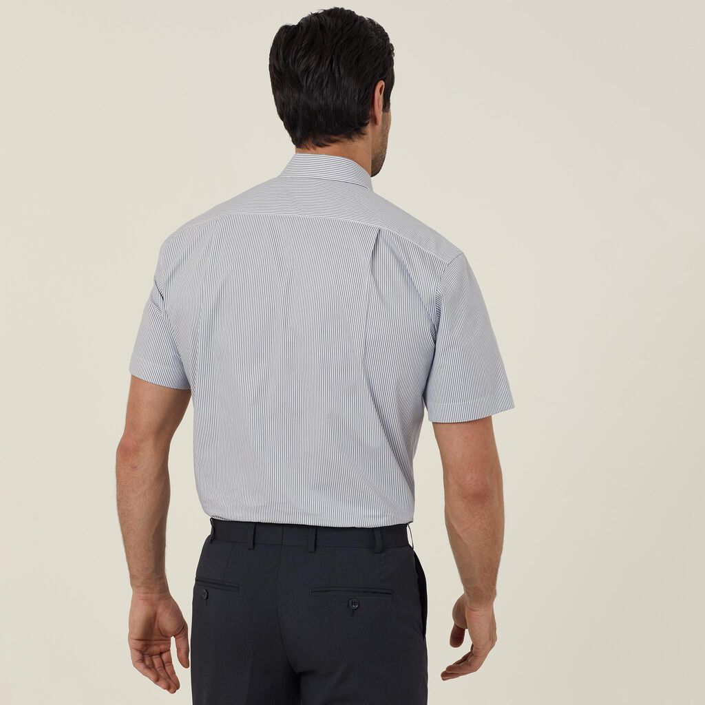 Men's Avignon Stretch Poplin Fine Block Stripe Short Sleeve Shirt - CATJDK