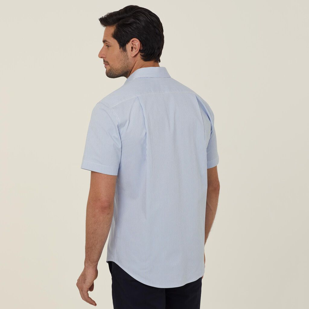 Men's Avignon Stretch Poplin Fine Block Stripe Short Sleeve Shirt - CATJDK