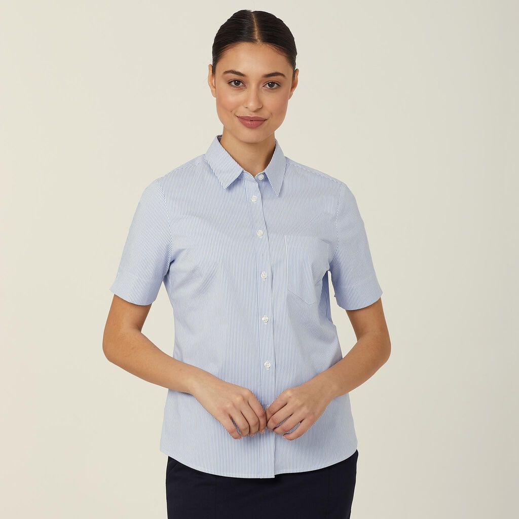 Ladies Avignon Stretch Poplin Fine Block Stripe Short Sleeve Shirt - CATUK5